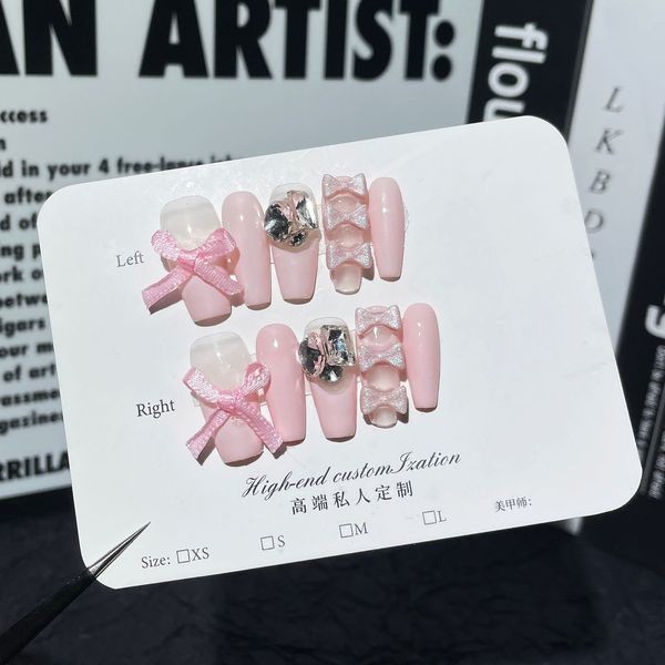 เล็บปลอม เล็บปลอมสำเร็จรูปยาว รองเท้าบัลเล่ต์ Bowknot Hand-Wearable Nail Pile Diamond French Medium-