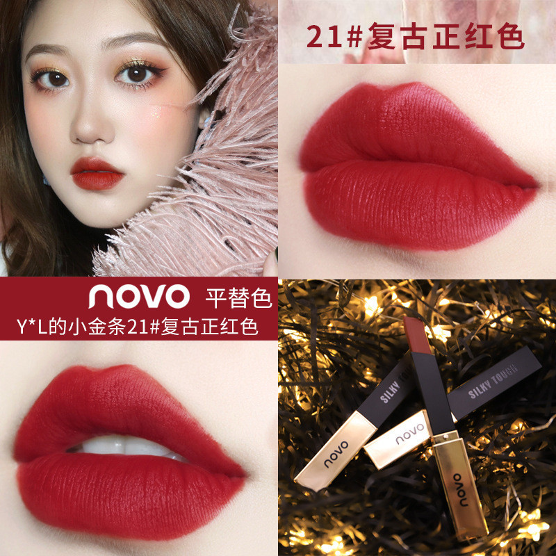 Li Jiaqi แนะนํา novo Lipstick Matte Velvet Matte Thin Tube Small Gold Bar กันน้ํา Retro vnc Lip Glaz