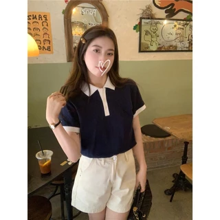 Hotgirl พร้อมส่ง เสื้อโปโลเกาหลี เสื้อยืดแฟชั่นผู้หญิง สีพื้นเบสิก ด้วยปุ่ม แขนสั้น สไตล์ย้อนยุคสบายๆ ทรงสั้นเข้ารูป