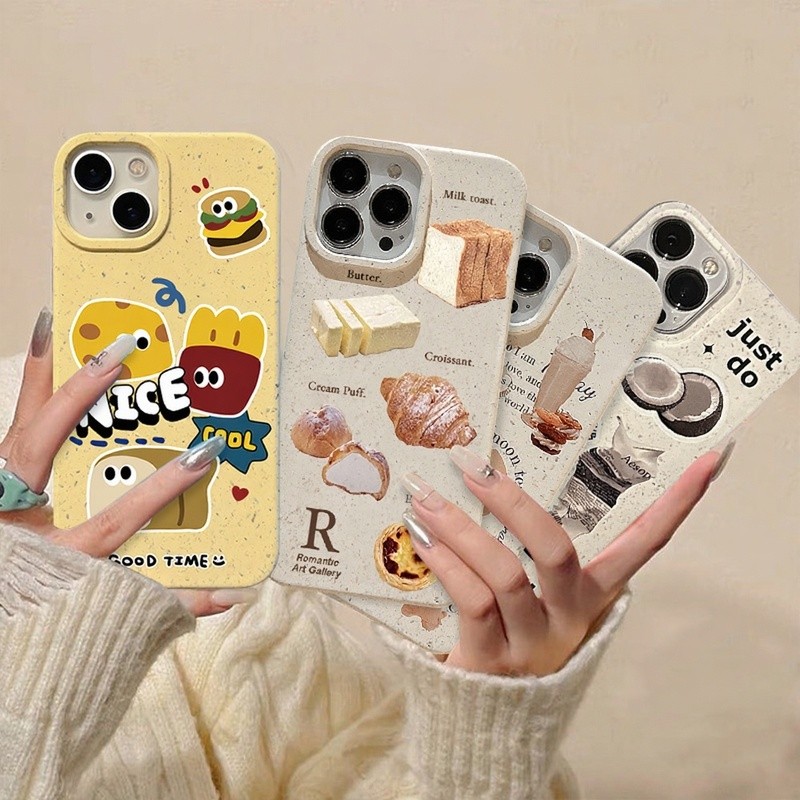 For IPhone 11 XR 14 15 13 12 16 Pro Max X XS MAX 7 8 15 16 Plus น่ารักการ์ตูนขนมปังขนมปังปิ้งกาแฟกันกระแทกฝาครอบป้องกัน