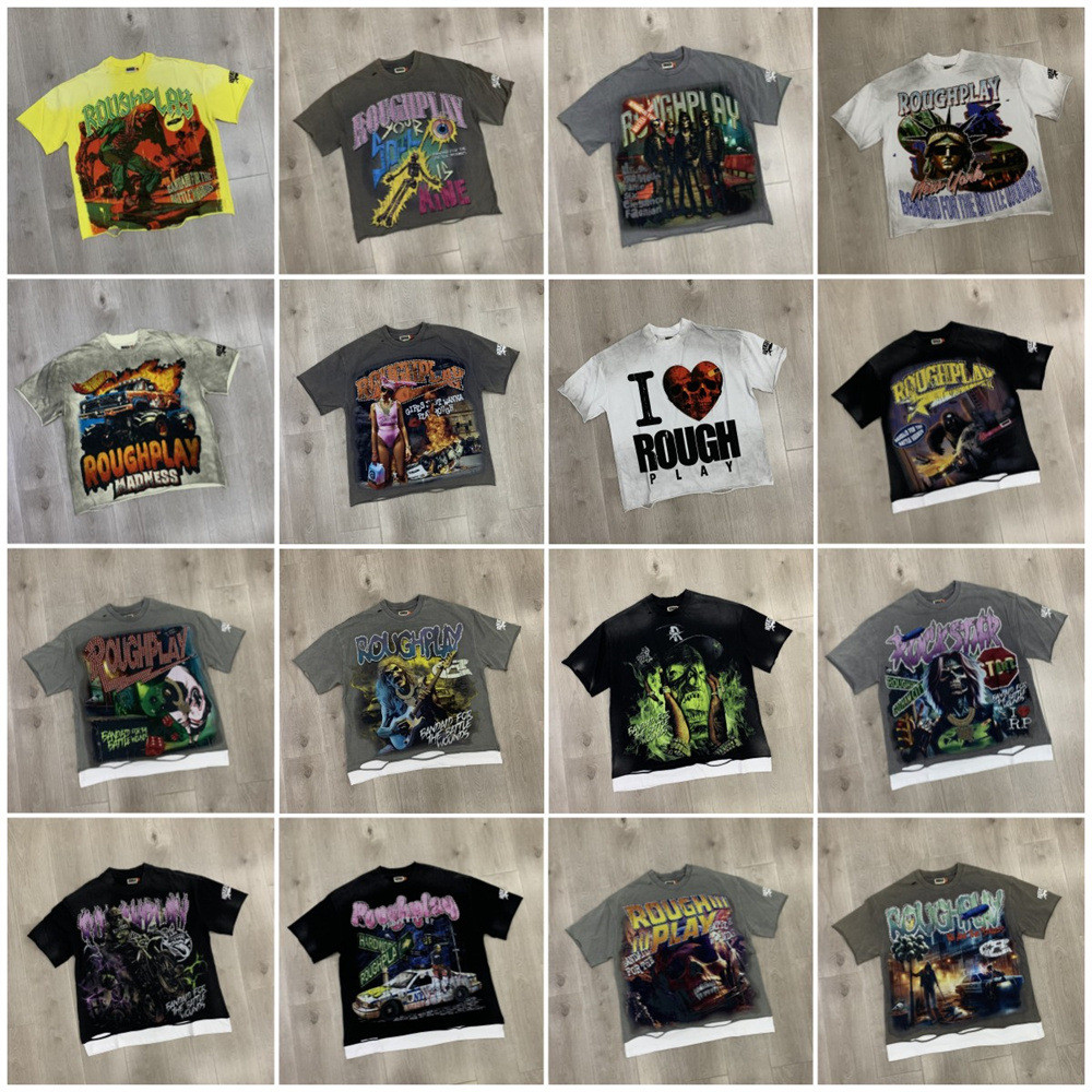 Roughplay เสื้อยืดวินเทจแขนสั้น พร้อมลายพิมพ์เพชรปั๊ม และการตกแต่งแบบรอยฉีดน้ำ