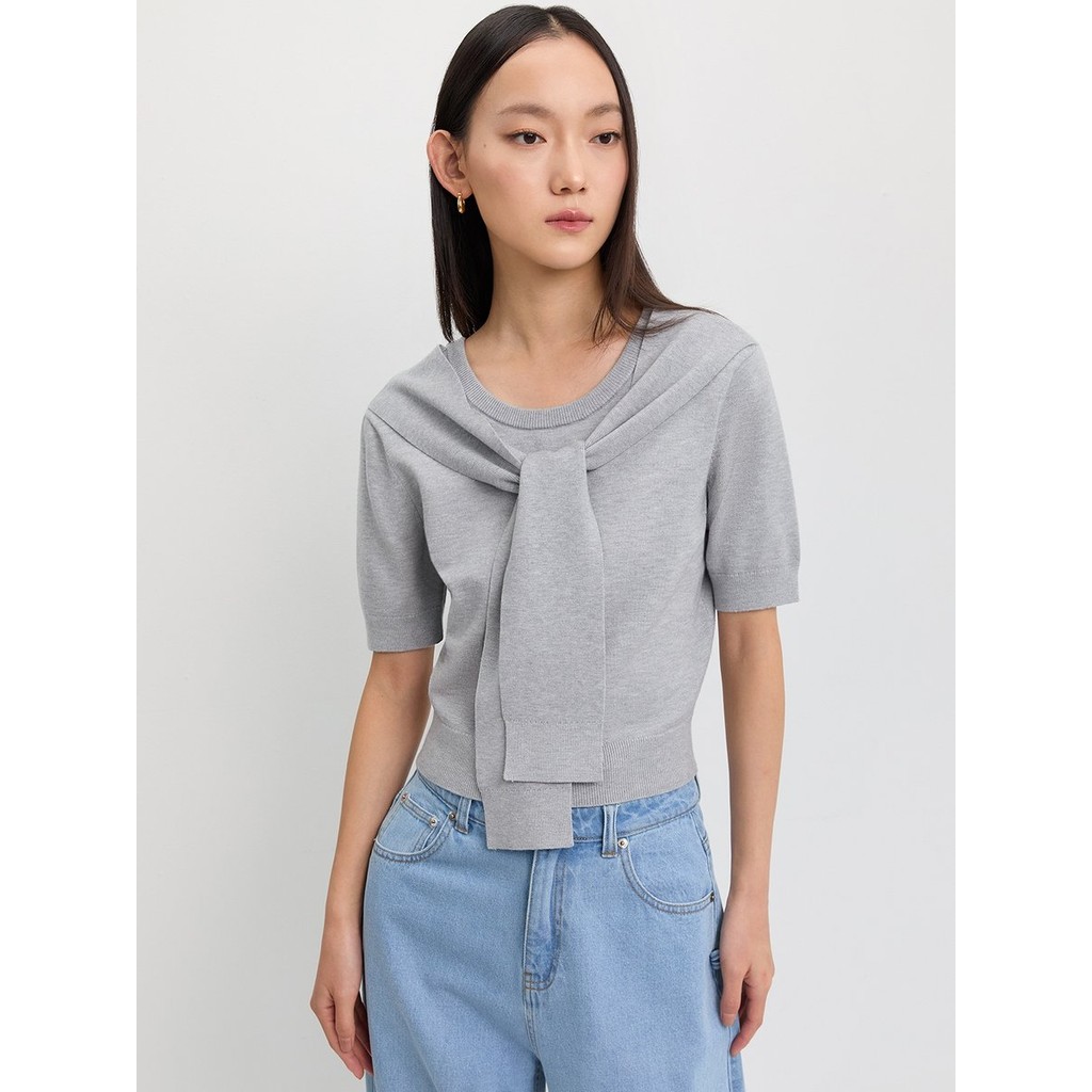 [Pomelo] เสื้อไหมพรมดีไซน์คลุมไหล่ / Faux-Layered Tie-Neck Top