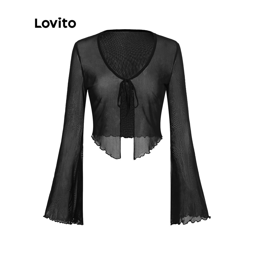 Lovito เสื้อคาร์ดิแกนลําลองเสื้อคาร์ดิแกนแขนทรัมเป็ตผูกเชือกธรรมดา ย2เค สําหรับผู้หญิง L52AD060 (สีดํา)