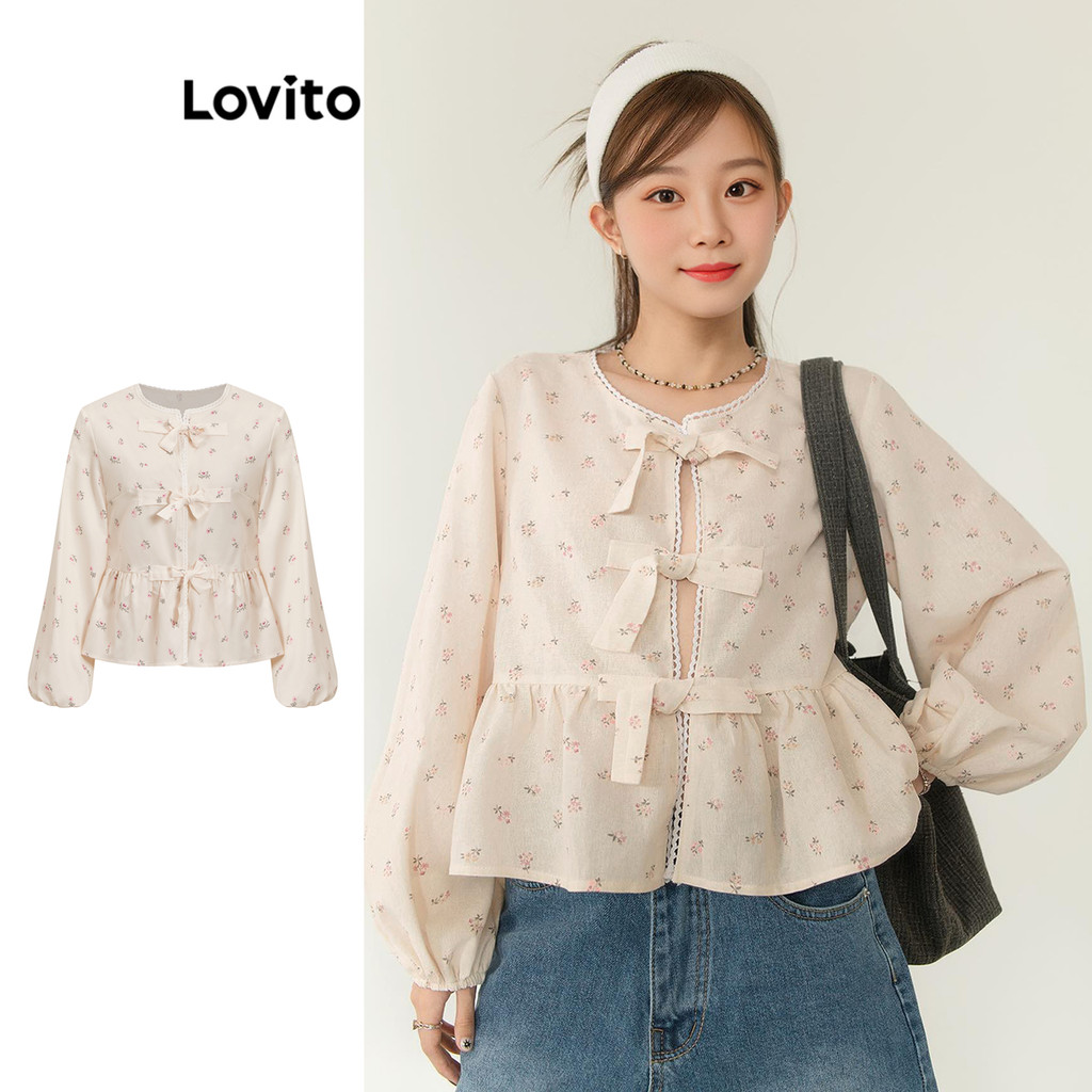Lovito เสื้อเบลาส์ลูกไม้  ผูกเชือกด้านหน้า ลายดอกไม้  สไตล์น่ารัก L106AD869