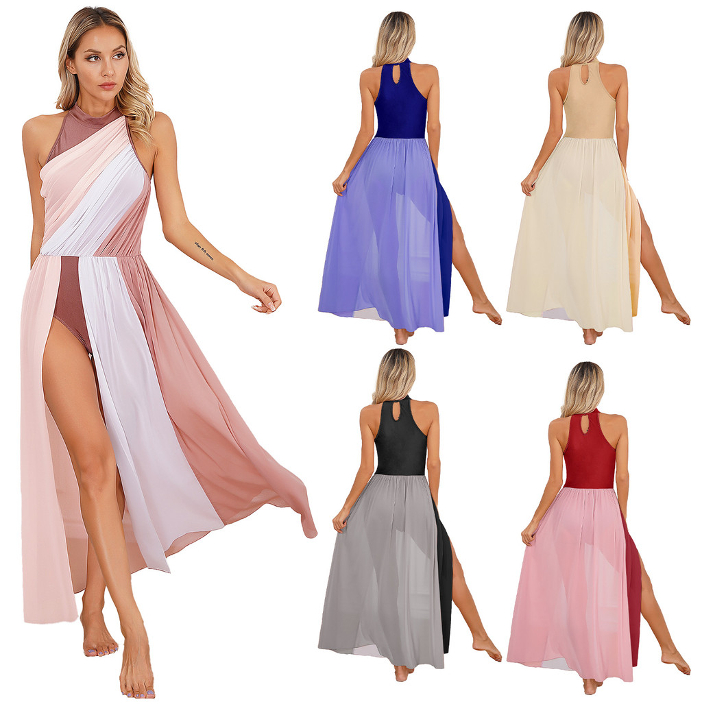 Yeahdor ผู้หญิงแฟชั่นบล็อกสีชุดจําลองคอรูกุญแจกลับแขนกุดแยกชุดสําหรับการแสดงเต้นรําเนื้อเพลงสมัยใหม่