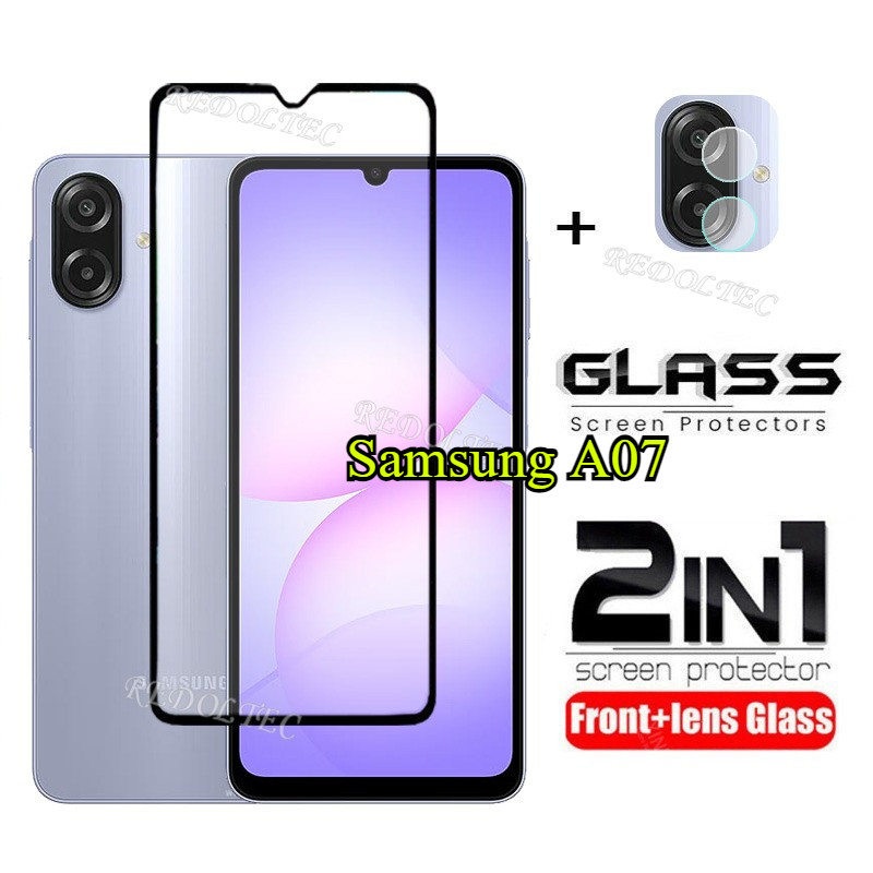 Samsung Galaxy A07 A07 LTE ตัวป้องกันหน้าจอ 2 in 1 + ตัวป้องกันเลนส์คลุมทั้งหมดกาวเต็ม SamsungA07 ฟิล์มกระจกนิรภัยพร้อมการป้องกันกล้อง Flim