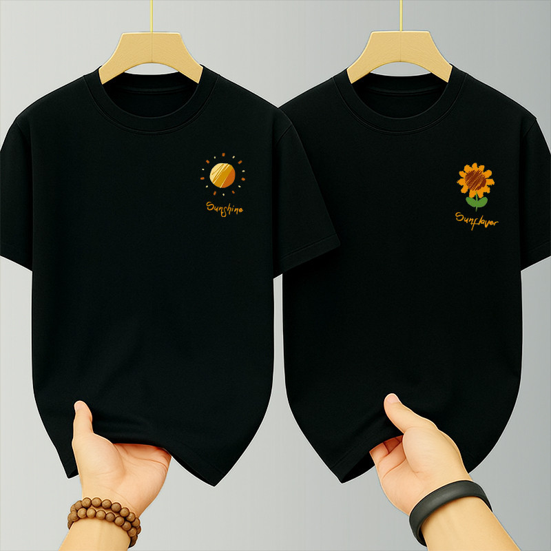 เสื้อยืด เสื้อคู่รักชายหญิงเกาหลี oversize สกรีนลายน่ารัก สวมใส่สบาย สกรีนลายดอกทานตะวัน กับ พระอาทิตย์