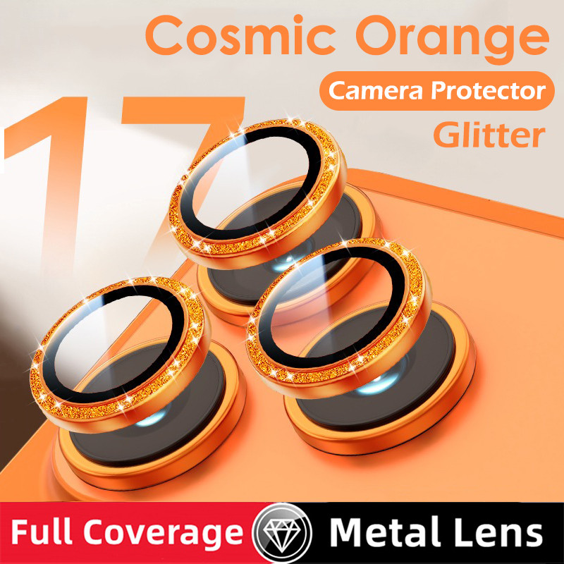 Cosmic Orange Bling Glitter กล้องเลนส์ป้องกัน สําหรับ iPhone 17 Pro Max Air 16 16E 15 14 Pro Max 16 Plus คลิกเดียวติดตั้งคลุมทั้งหมดแหวนโลหะกระจกนิรภัยฝาครอบกล้อง