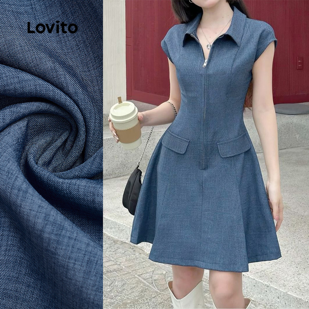 Lovito ชุดเดนิมแบบสบาย ๆ มีซิป กระเป๋าเทียม สำหรับฤดูใบไม้ผลิ/ฤดูร้อน สีน้ำเงิน L142LD240