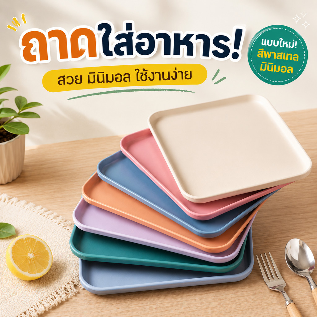 ส่งฟรี ถาดพลาสติก ทนทาน หลายสี ถาดใส่อาหาร สี่เหลี่ยม เสิร์ฟอาหาร จานอาหาร ถาดรองแก้ว