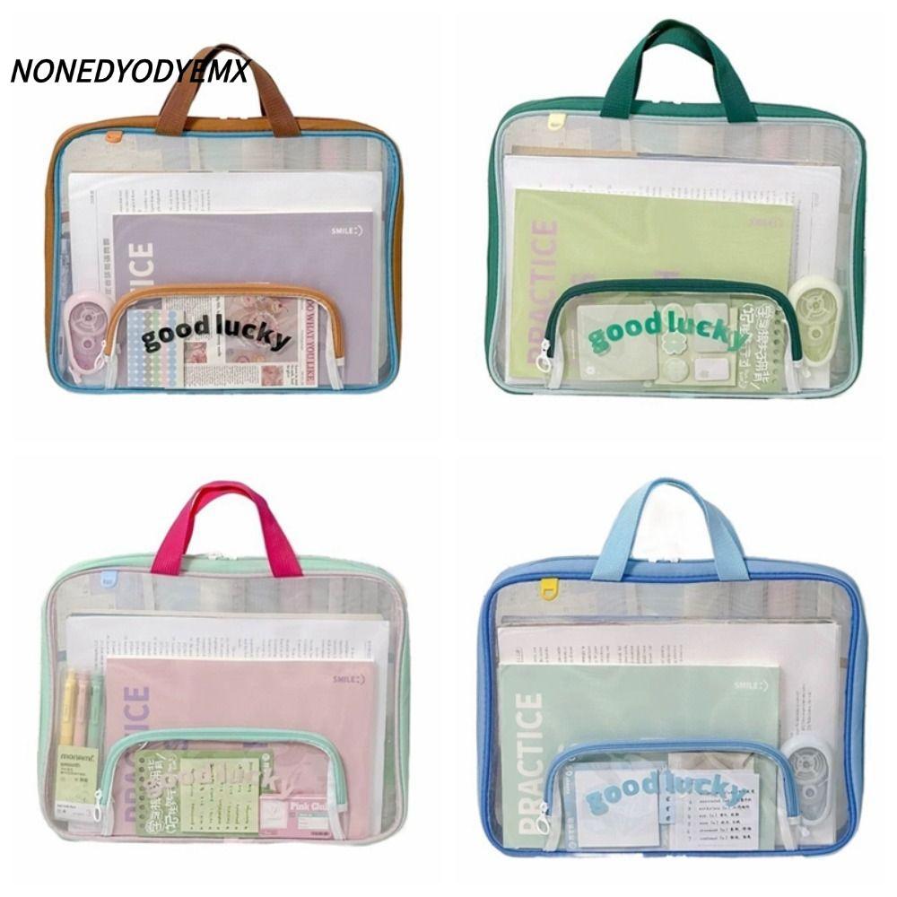NONDYOMX กระเป๋าเก็บเครื่องเขียน, กระเป๋าแฟ้ม A4 โปร่งใสความจุขนาดใหญ่, ตาข่ายแบบพกพาพร้อมที่จับแฟ้ม Organizer อุปกรณ์การเรียน