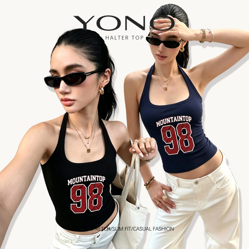 (พร้อมส่ง24ชม.) halter top เสื้อคล้องคอสีดำ ลายเลข 98 สไตล์อเมริกันคอลเลจ ทรงเข้ารูป ใส่เท่