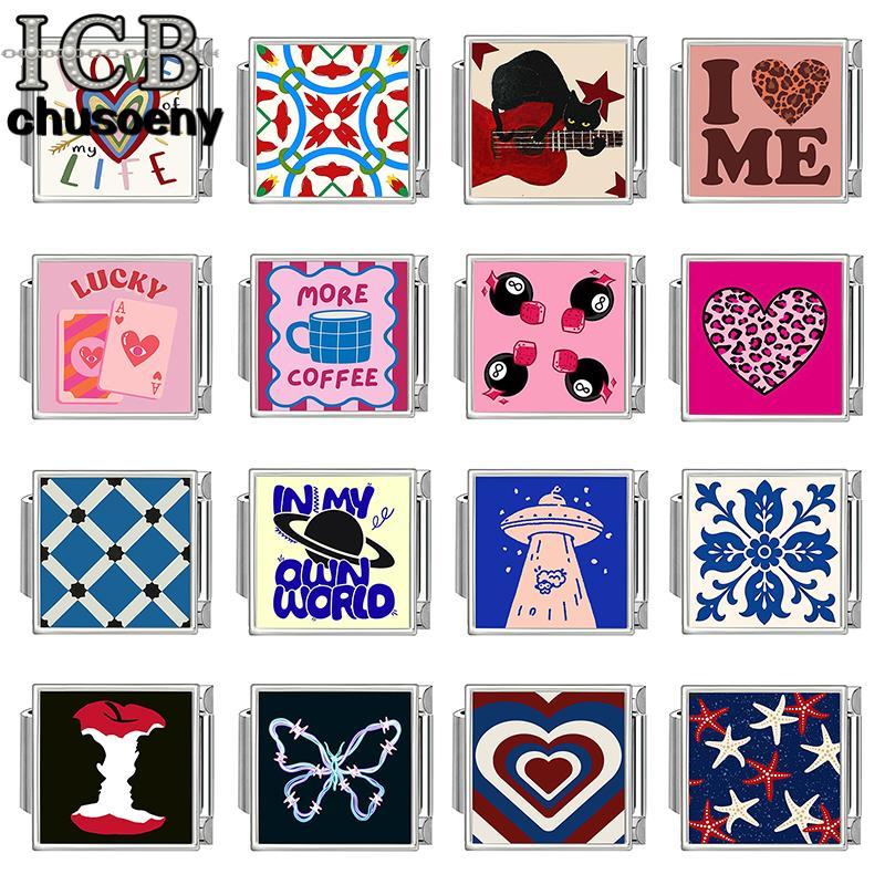 ICB Square Love Heart Design Italian Charm Modular สร้อยข้อมือไทเทเนียมเหล็กปั๊มคู่ DIY สร้อยข้อมืออุปกรณ์เสริม