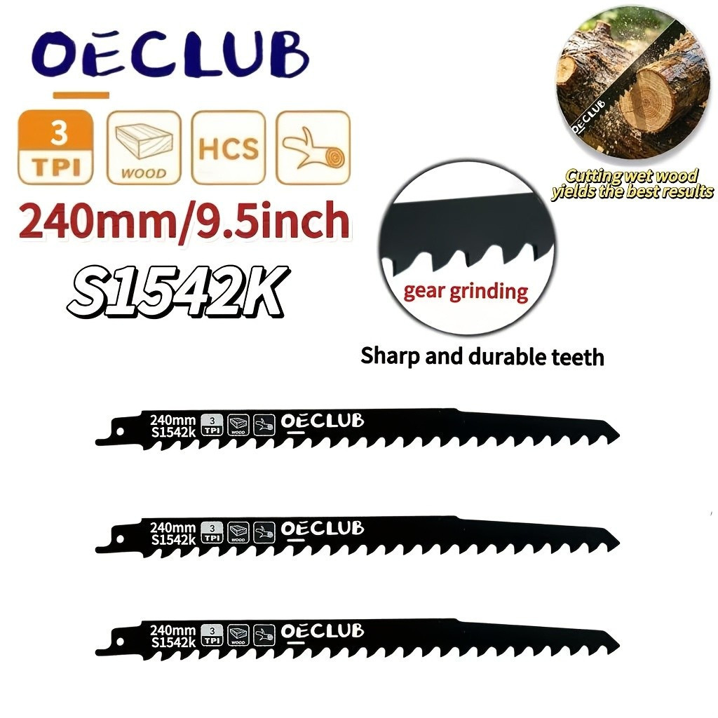 ใบเลื่อยลูกสูบ 3PCS S1542K ชุดสําหรับ Makita Bosch ตัดไม้เปียกดาบ 9.5 นิ้ว 240 มม.3 TPI HCS Universa