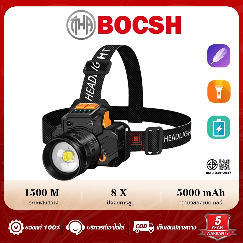 【รับประกัน 5 ปี】ไฟฉายคาดหัว（ปรับไฟได้ 3 ระดับ กำลังไฟสูงLED กันน้ำ ใช้งานต่อเนื่อง10 ชม）ไฟคาดหัวแ USB head torch