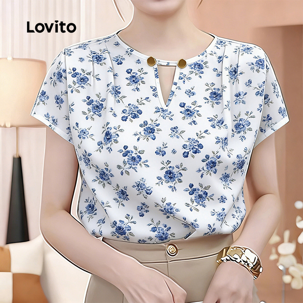 Lovito สง่างาม เสื้อเบลาส์สําหรับผู้หญิง แบบติดกระดุม ทรงหลวม โปร่งสบาย เหมาะสําหรับฤดูใบไม้ผลิและฤดูร้อน LK5AD304