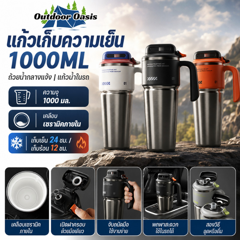 Outdoor Oasis 1000ML แก้วเก็บความเย็น ความจุขนาดใหญ่ เคลือบเซรามิค 304 สแตนเลส ถ้วยน้ํากลางแจ้ง แก้วน้ำในรถ