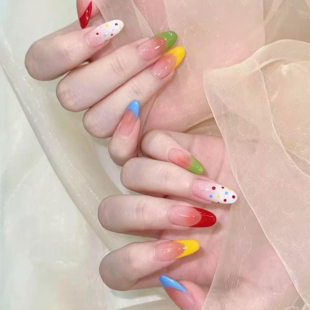 C331 เล็บปลอมสำเร็จรูป ทำด้วยมือ แคทอาย ใช้ซ้ำได้ เฟรนช์หลากสี ลายจุดน่ารัก สไตล์เกาหลี สดใส มินิมอล เล็บปลอมเจล 10 ชิ้น/กล่อง