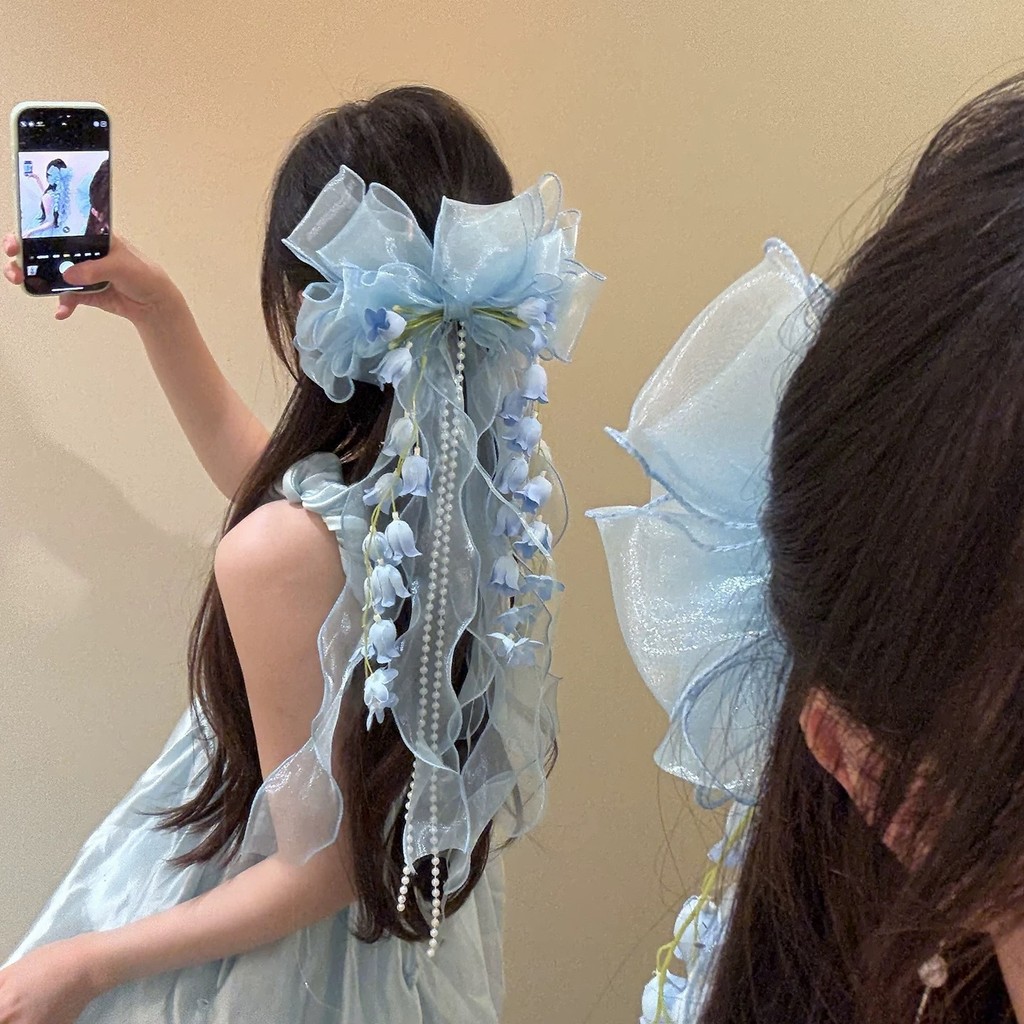 Blue Lily of the Valley กิ๊บติดผมโบว์ลูกไม้หรูหราริบบิ้นผม Barrette Fairy เครื่องประดับผมหางยาวสําหรับผู้หญิง