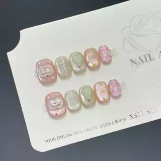 ✨พร้อมส่งไทย✨ เล็บปลอม แยกไซส์ สั้นกุด ลูกแพร์ น่ารัก สีลูกแก้วแคทอาย สไตล์เกาหลี 10 ชิ้น/ไซส์ M S XS ฟรีกาวสิลิโคน