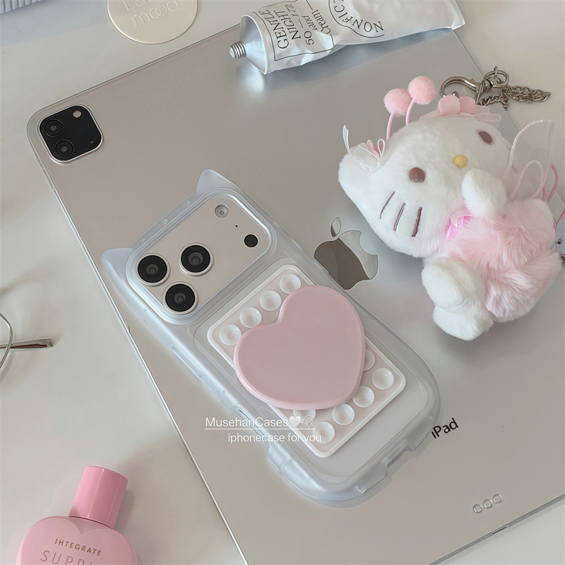 สไตล์เกาหลี อิน ความรู้สึกโบราณหูแมวเคสใสสร้างสรรค์ถ้วยดูดกระจกขนาดเล็กเหมาะสําหรับ แอปเปิล 17โปรแม็กซ์ เคสโทรศัพท์ ไอโฟน16 เคสนิ่ม15โปรแม็กซ์ คู่14กร
