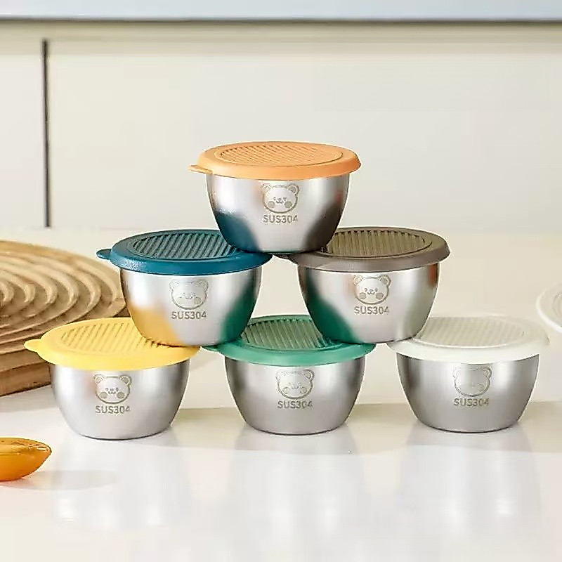 ร้านมิกะ ▏ที่มีสีสันชามซอสหมีน้อย304สแตนเลสจุ่มกล่องซอสที่มีฝาปิดกล่องปรุงรสถ้วยซอสปิดผนึก