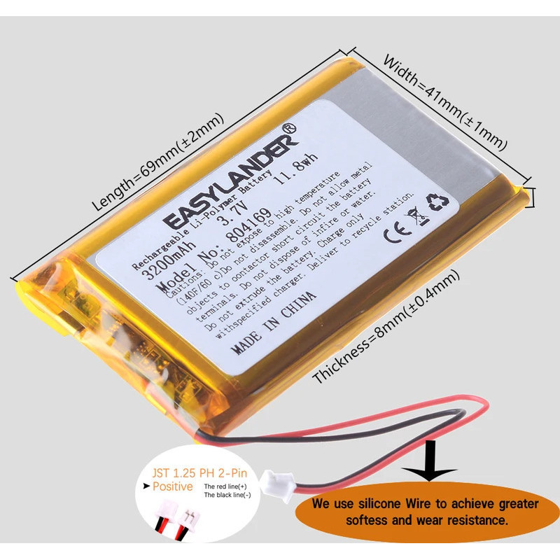 สายซิลิโคน 804169 3.7V 3200mAh JST1.25 2P แบตเตอรี่ Li Polymer 804066 สําหรับคอนโซลเปิดแหล่ง R36S เค