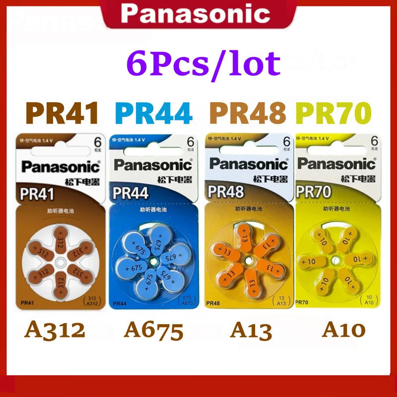 6 ชิ้น Panasonic แบตเตอรี่เดิม PR70 A10 P10 S10A PR48 A13 PR44 A675 PR41 A312 PR48 A13 PR70 PR536 เค