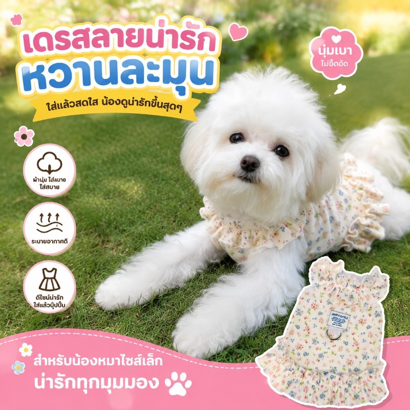เสื้อผ้าสัตว์เลี้ยง กระโปรงเจ้าหญิง ลายดอกไม้ ผ้าฝ้ายนุ่ม ระบายอากาศ มีแหวนฉุด เหมาะสุนัขตัวเล็ก