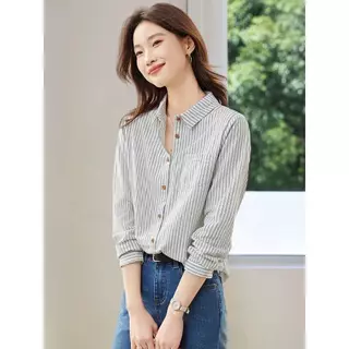 MIMI เสื้อเชิ้ตแขนยาวลายทางแนวตั้งทรงหลวมสำหรับผู้หญิงทำงาน สไตล์เรโทรและอาร์ตๆ ไซส์ใหญ่ เสื้อแจ็คเก็ตนักเรียน#W716