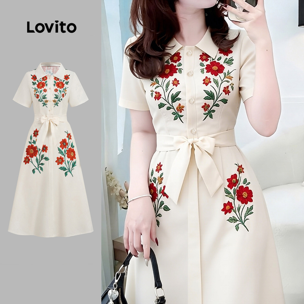 Lovito เดรสฤดูร้อน/ฤดูใบไม้ผลิแบบกระดุมหน้าพร้อมเข็มขัดสําหรับผู้หญิง ใส่ลําลอง LBL35119