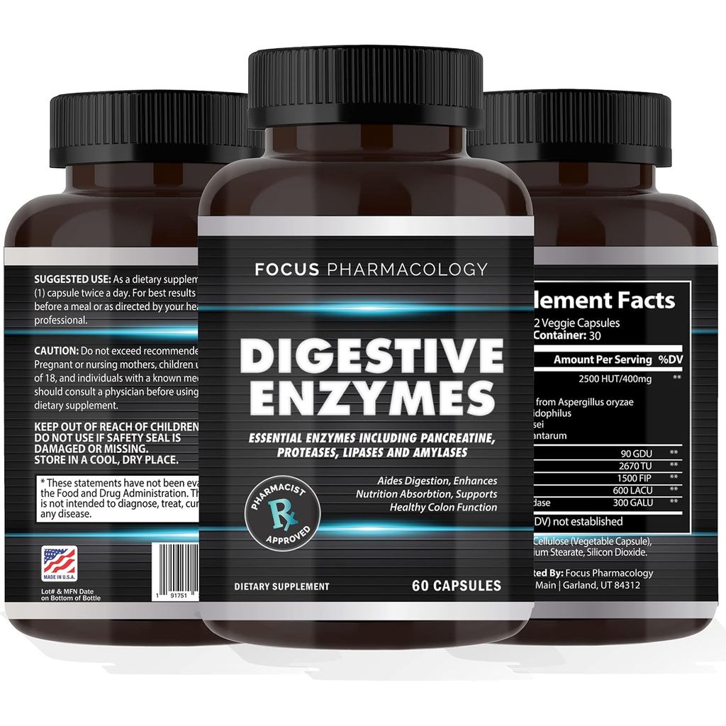 เอนไซม์ย่อยอาหารและ Priobiotics Blend - 60 Ct Protease, Lipase, Lactase, Galactosidase, Acidophilus,