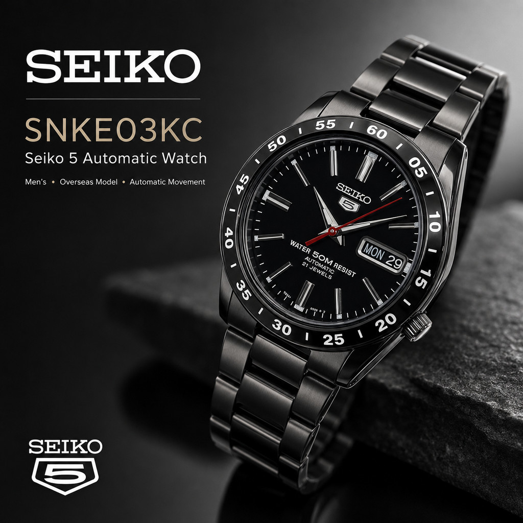 Seiko SNKE03KC Seiko 5 Automatic Men’s Watch Black Dial Day-Date 21 Jewels 50M Overseas Model