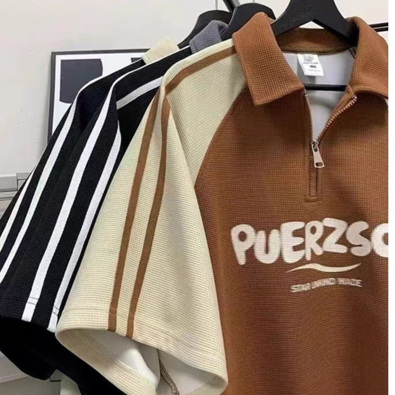 Becoolman-Summer  ฤดูร้อน แนววินเทจ ถนนสูง POLO เสื้อ ชาย วาฟเฟิล สไตล์อเมริกัน ยอดนิยม แขนสั้น