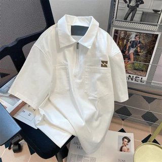 PROMAN เสื้อโปโลวินเทจสไตล์ญี่ปุ่น เสื้อมีกระเป๋าหลายใบ สไตล์เกาหลี แบบหลวม ปกพับ สีล้วน รุ่นเดียวกันทั้งชายและหญิง