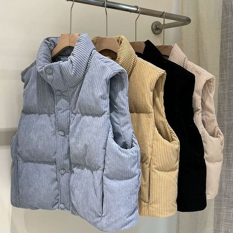 เสื้อกั๊กผ้าลูกฟูกสั้นสำหรับผู้หญิงใหม่จากเกาหลี ลายหลวมๆ แฟชั่นในฤดูหนาว