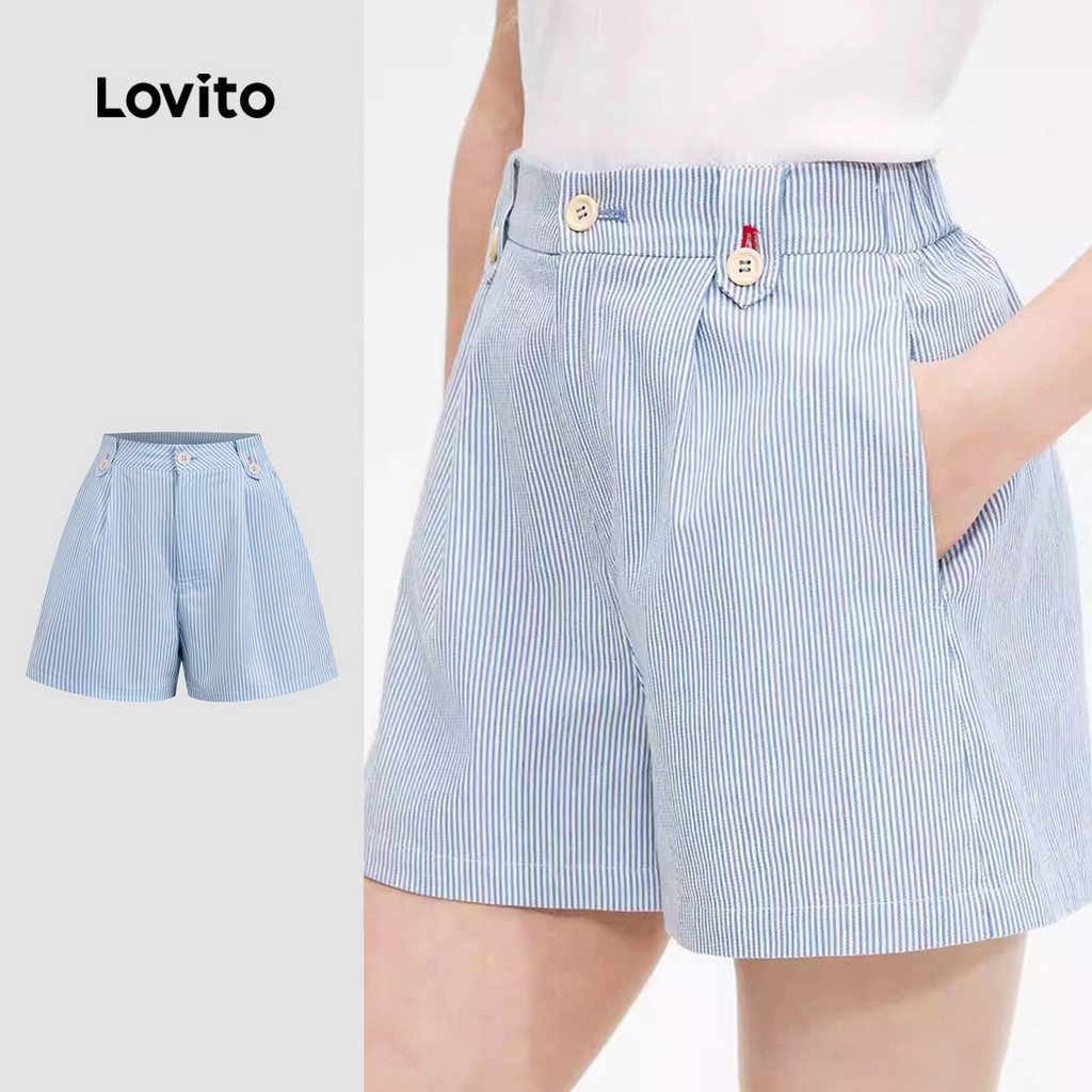 (New) Lovito กางเกงขาสั้นแบบไม่เป็นทางการ สไตล์ Preppy มีปุ่ม สำหรับฤดูใบไม้ผลิ/ฤดูร้อน สียีนส์น้ำเงิน L151AD294