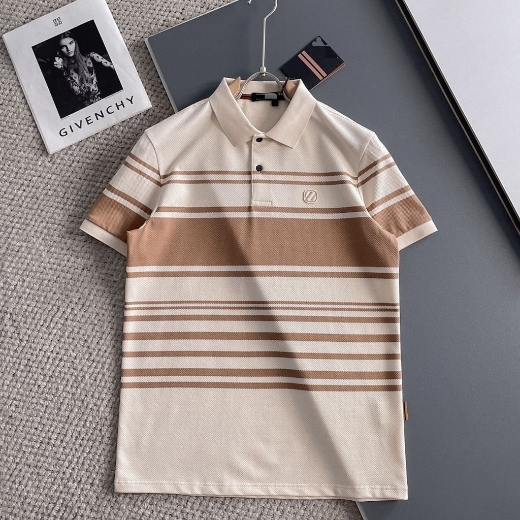 S2R6 Zegna 2025Casual Short Sleeve Turn-Down Collar polo Summer cotton shirt e Striped Men's New Bus