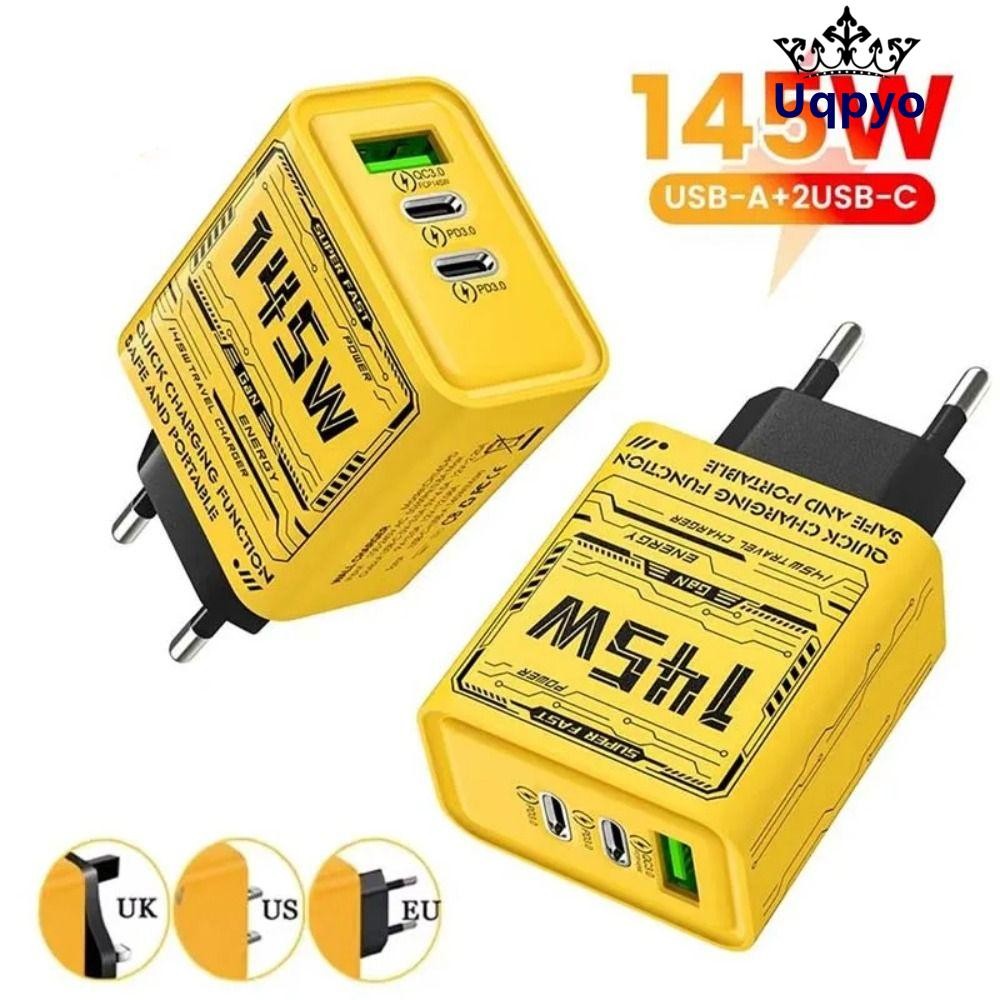 UQPYO 145W GaN ปลั๊กชาร์จ, EU/US/UK USB A+C อะแดปเตอร์ชาร์จโทรศัพท์, PD QC3.0 3 พอร์ต Fast Charging 
