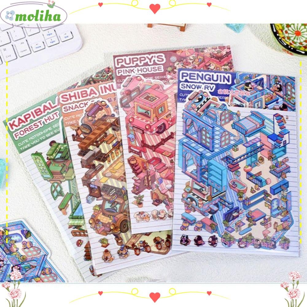 MOLIHA 4 ชิ้น/เซ็ตมอเตอร์ Home Landscape สติกเกอร์, 2.5D Effect PET Cabin ฉากสติกเกอร์เกม, Creative 