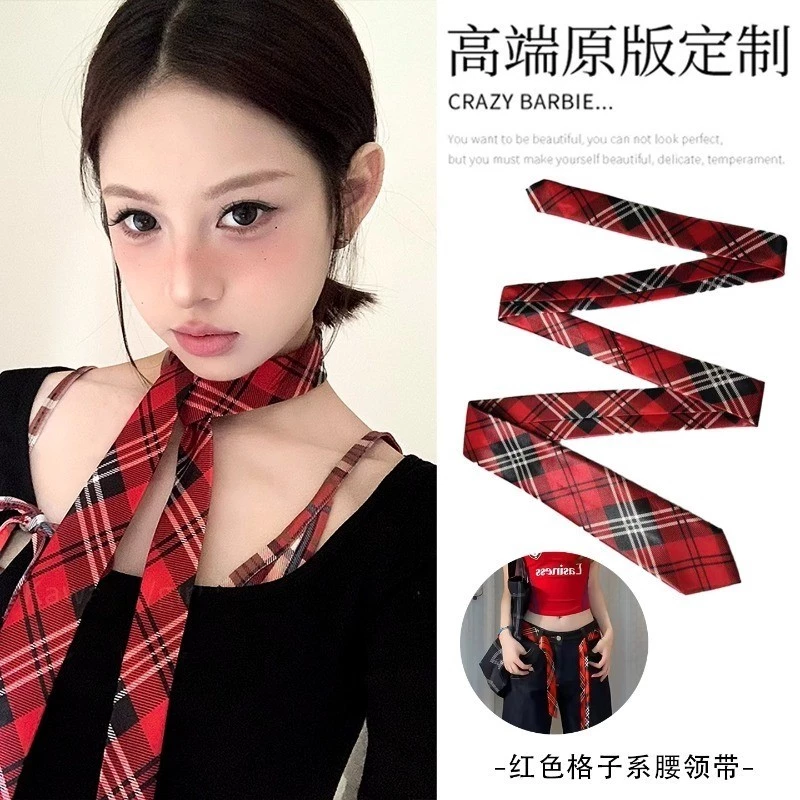 ผ้าไหมลายสก๊อตสีแดงย้อนยุคสไตล์อเมริกันสำหรับผ้าพันคอและเข็มขัด กางเกงยีนส์ผู้หญิง