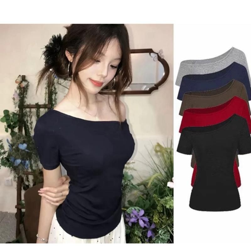 A52p เสื้อยืดคอปกเปิดไหล่ด้านเดียว แขนสั้น บอดี้คอน สไตล์ใหม่ ยางยืดแท้ ไซส์ต่ํากว่า 53กก.