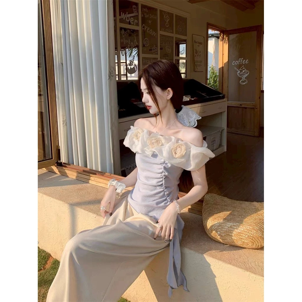 SuSu เสื้อคอเปิดบ่า แขนสั้น ลายดอกไม้ สีน้ำเงิน 56516 thumbnail 9