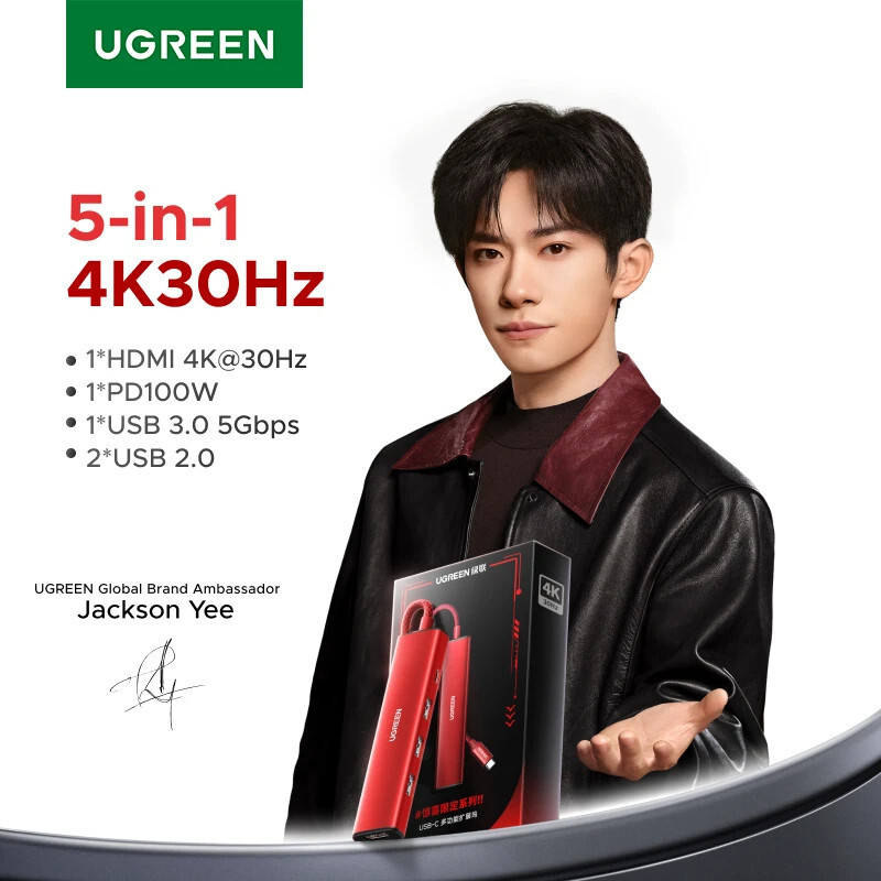 UGREEN & Jackson Yee USBC HUB 5in1 TypeC ถึง 4K30Hz HDMI PD100W USB Splitter สําหรับอุปกรณ์เสริมแล็ป