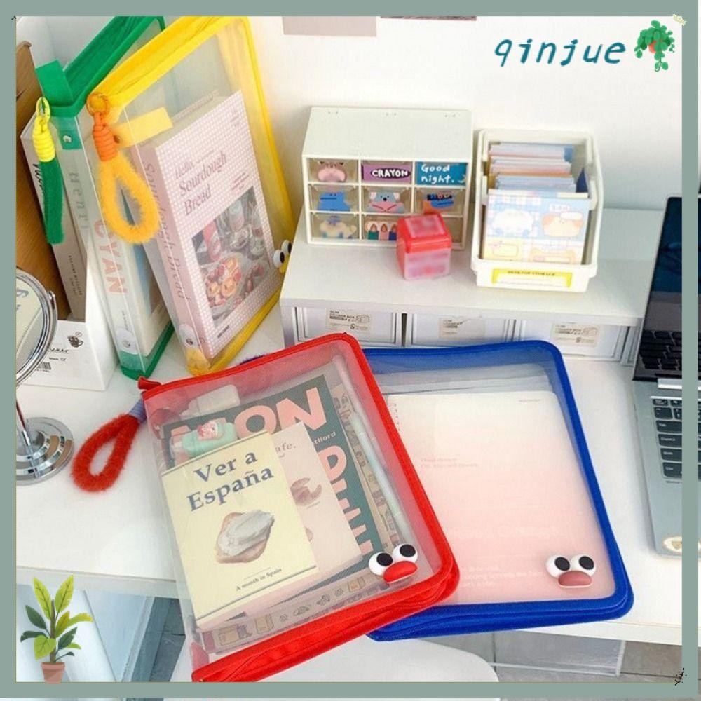 QINJUE Storage Organizer Bag, PP Student Handbag A4 Zipper File Bag, Transparent High-capacity File 