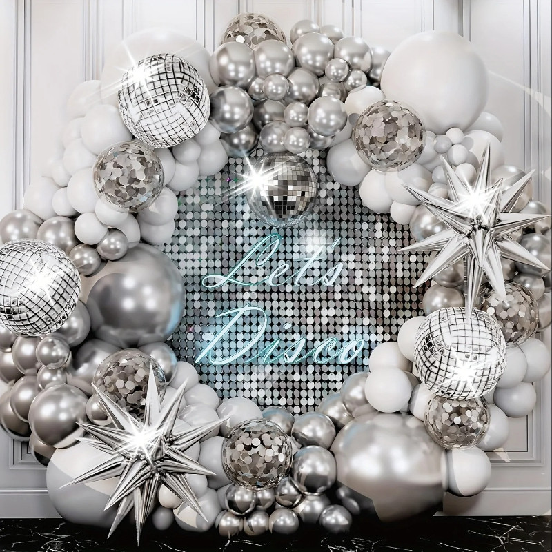 134ชิ้นเงินสีขาวบอลลูนชุดระเบิดดาวดิสโก้อลูมิเนียมฟอยล์โค้งบอลลูน ตกแต่ง วันเกิดพรรคตกแต่งงานแต่งงาน - รูปที่ 2