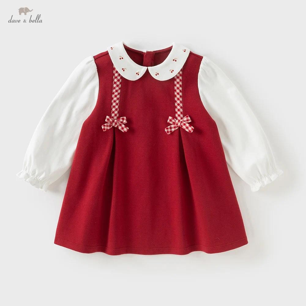Dave Bella 6M-9Y ตรุษจีน ชุดเดรสแขนยาวเด็กหญิง Cotton ชุดแดง โบว์น่ารัก แฟชั่นฤดูใบไม้ร่วง DB3252412