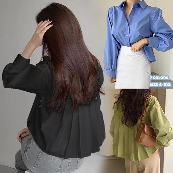 MIMI&DIDI#เสื้อตัวบนไซส์ใหญ่แขนยาวด้านหลังจีบสีดำ เสื้อเชิ้ตหวานและน่ารัก ทรงหลวม ปกเสื้อแบบมีปก สำหรับผู้หญิง#W650