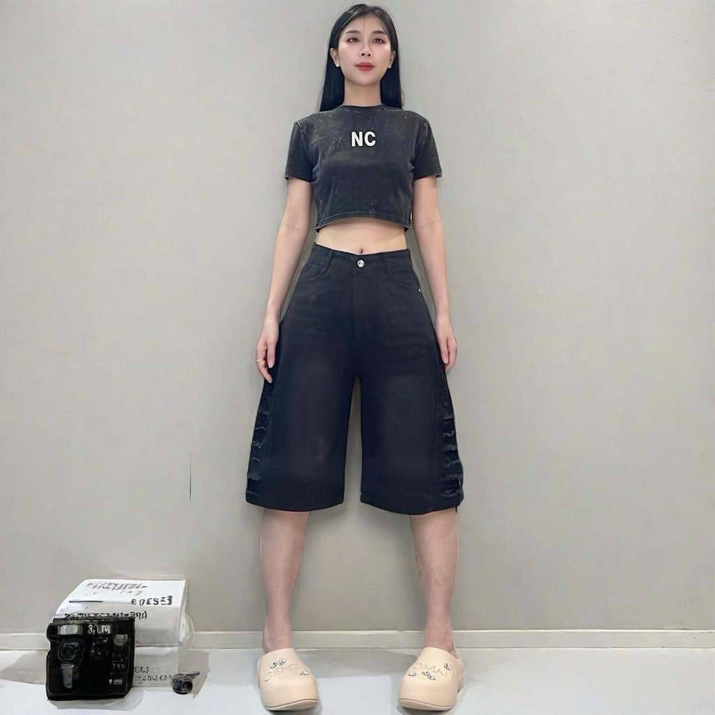 NAMCHAกางเกงยีนส์5ส่วน กางเกงยีนส์เอวสูง แต่งขาดข้าง 338