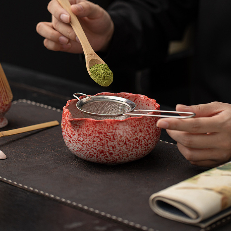 Kiln-to-Polka Dot Matcha Bowl with Mouth Tea Shaker Stand Baibenli Matcha Stirrer Bracket สแตนเลสกรองชากรองสไตล์ญี่ปุ่นชามชงชา Hand-Made Matcha Brewing ชามไม้ไผ่